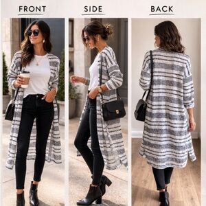 Promesa Navy Stripe Longline Duster cardigan Lightweight Officecore Career